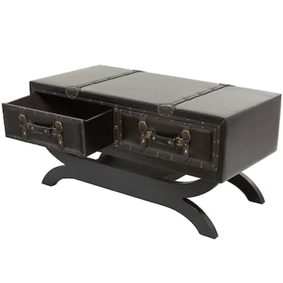 Faux Leather Vintage Faux Leather 2 Drawer Coffee Table with Curved Stand - Dark Brown - Roche River Decor - 19"W x 40"L x 21"H