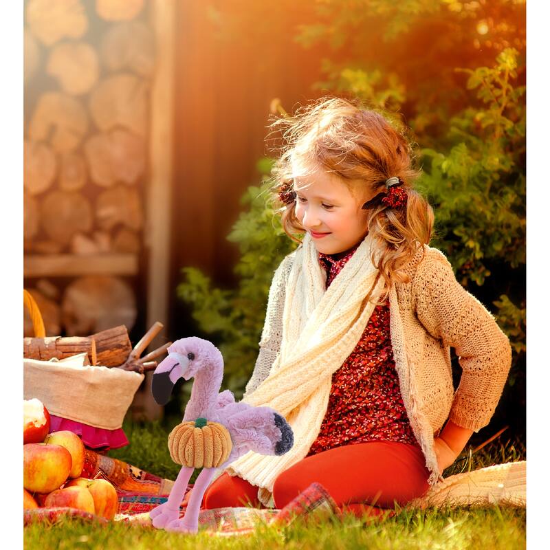 DolliBu Soft Pink Flamingo Stuffed Animal with Pumpkin Plush Decor - 10 inches