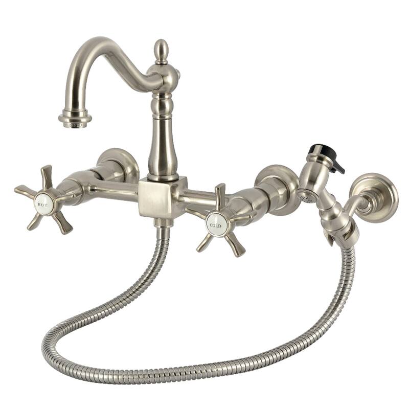Kingston Brass Essex Double-Handle Wall-Mount Pre-Rinse Bridge Kitchen Faucet - Brushed Nickel