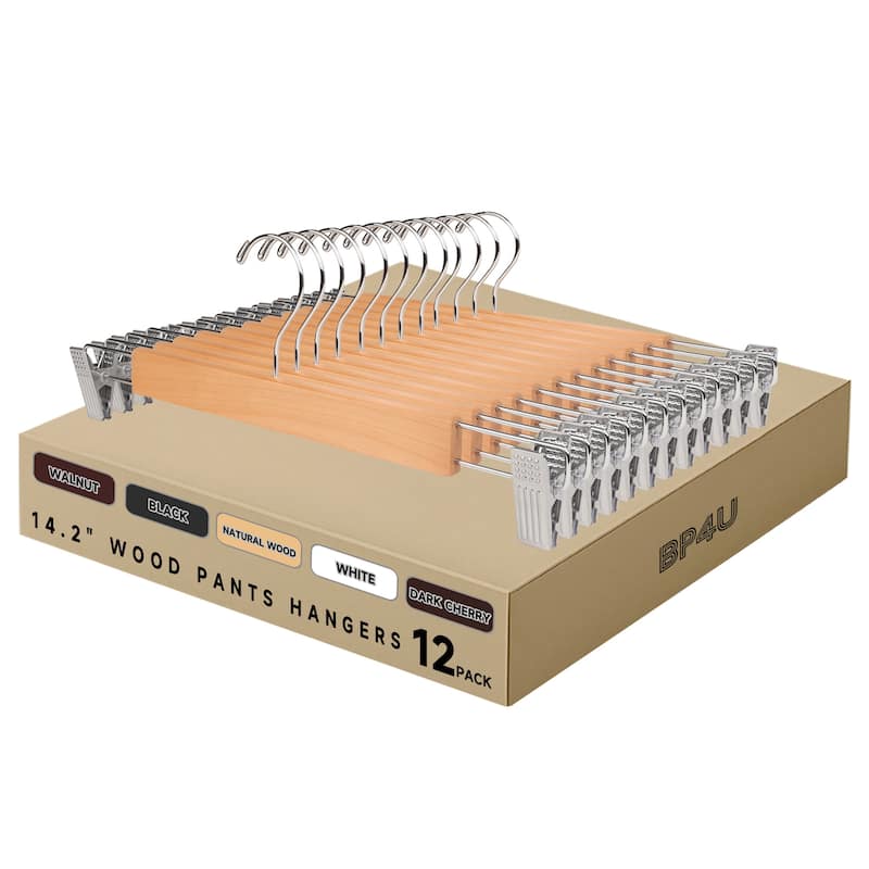 BP4U Premium Wooden Pants Hangers with Adjustable Clips, Solid Wood Skirt Hangers for Jeans, Slacks, Dresses - 12-Pack - Natural Wood