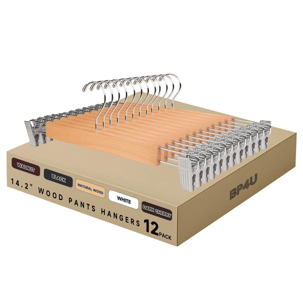 BP4U Premium Wooden Pants Hangers with Adjustable Clips, Solid Wood Skirt Hangers for Jeans, Slacks, Dresses