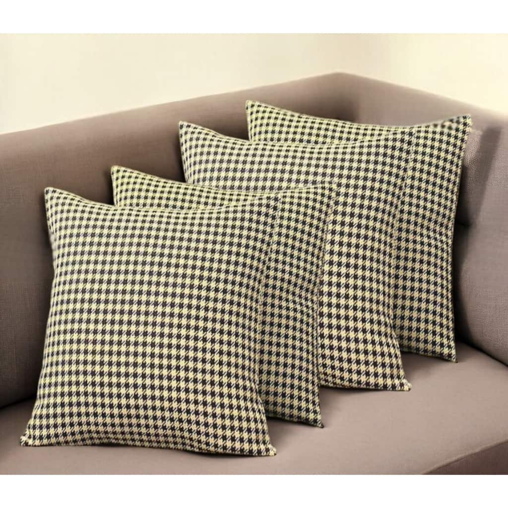 Set of Four 18" Yellow and Black Houndstooth Fabric Throw Pillows