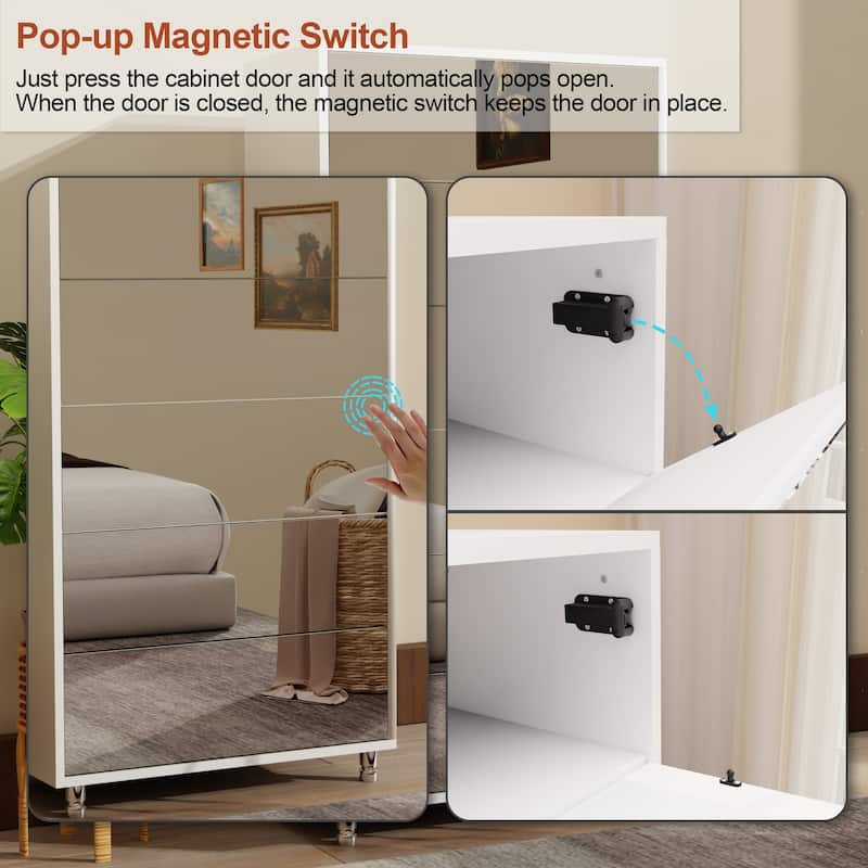 Mirror Shoe Cabinet With 6 Flip Drawers