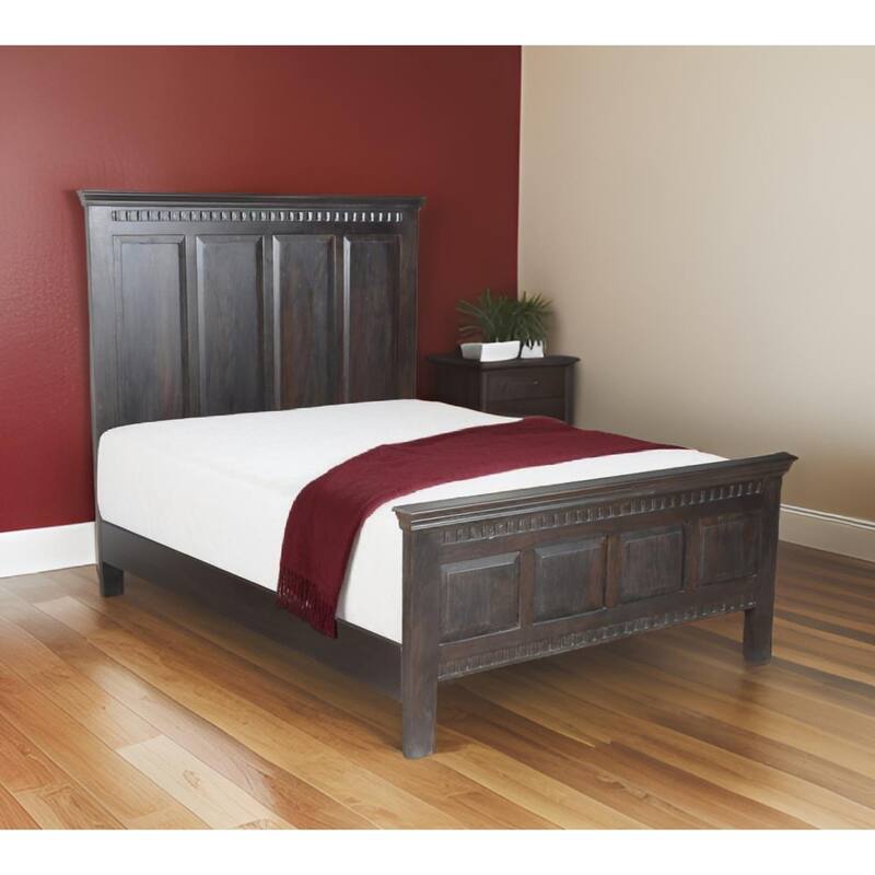 Espresso Carved Geometric Solid Wood Queen Bed Frame - Queen