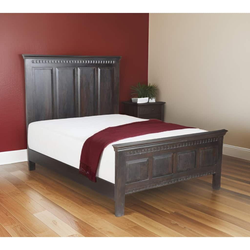 Espresso Carved Geometric Solid Wood Queen Bed Frame