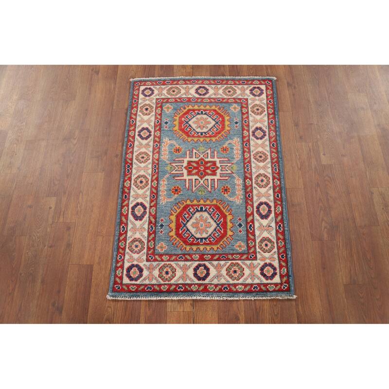 Hand Knotted Oriental 100% Wool Carpet Traditional Geometric Navy Blue & Blues Kazak Area Rug - 3' 0'' X 2' 0''