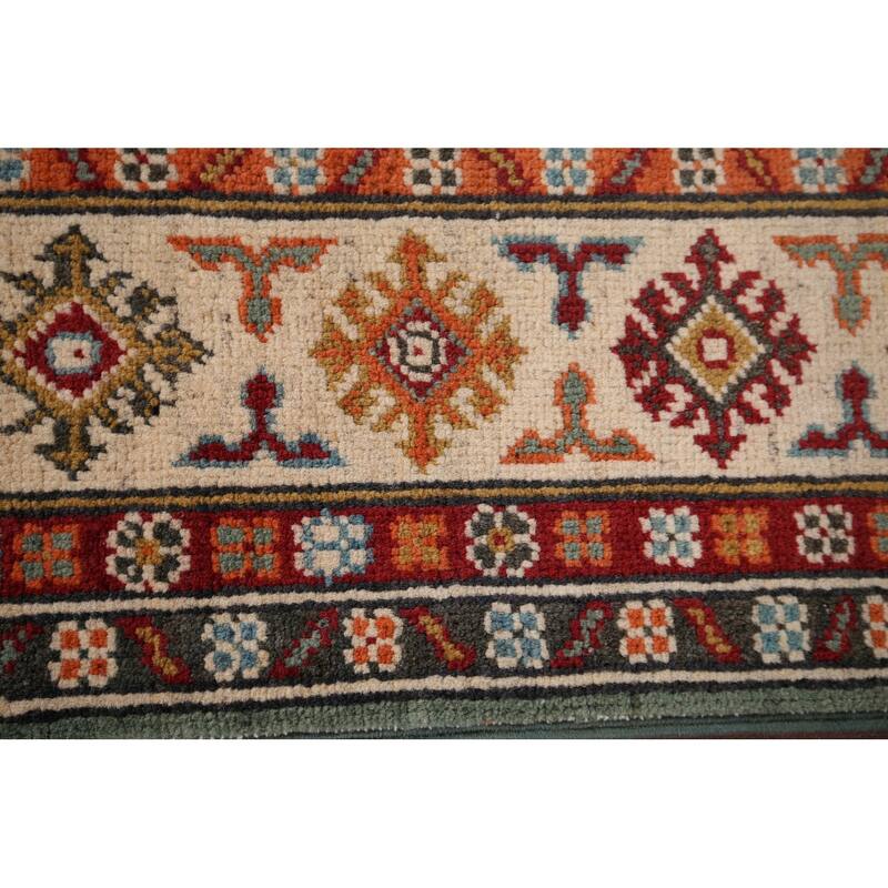 Hand Knotted Oriental 100% Wool Carpet Traditional Geometric Green Kazak Area Rug - 5' 10'' X 3' 11''