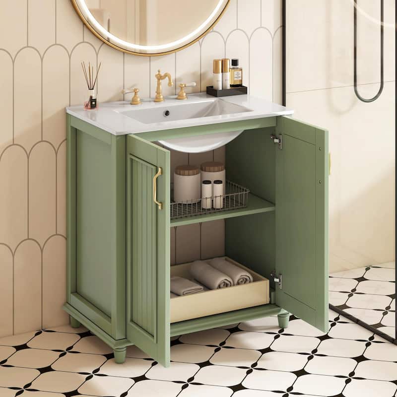 30" Freestanding Bathroom Vanity with Resin Sink - Hidden Drawer and Storage Cabinet