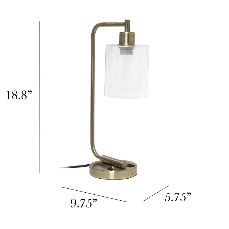 Simple Designs 18.8" Iron Lantern Desk Table Lamp with USB Port, Antique Brass, With LED Bulb