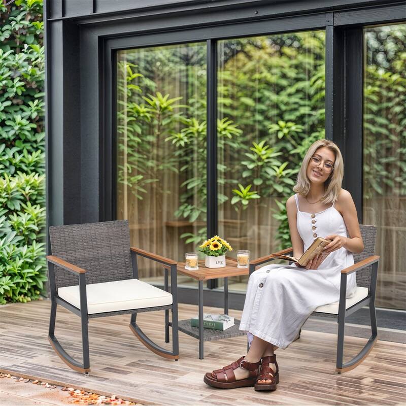 3 Pieces Rocking Wicker Bistro Set, Patio Outdoor Furniture Conversation Sets with Porch Chairs and Glass Coffee Table