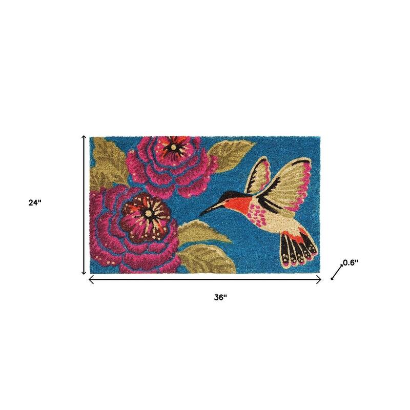 HomeRoots 24" X 36" Blue And Rose Floral And Hummingbird Outdoor Coir Door Mat - 24.00' X '36.00