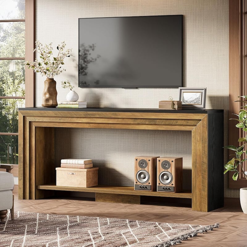 70.9 Inch Extra Long Console Table, Farmhouse Narrow Wooden Sofa Table with Storage Shelf - 11.61" W x 70.9" L x 32.68" H - Brown&Black