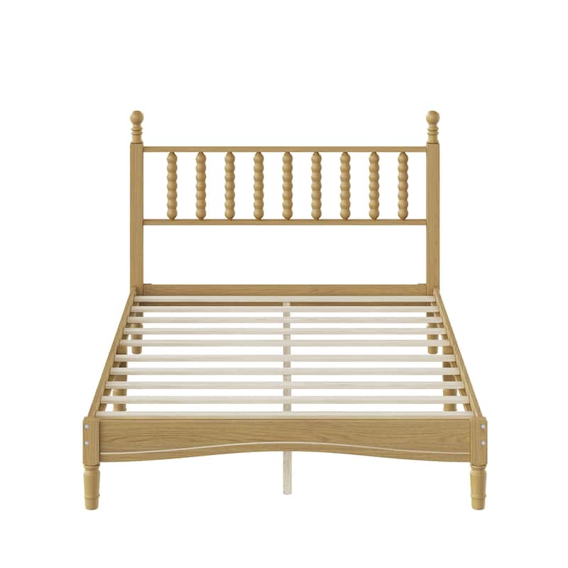 King/Full Size Wood Platform Bed with Gourd Shaped Headboard - Retro Style Wooden Slat Support Bed Frame