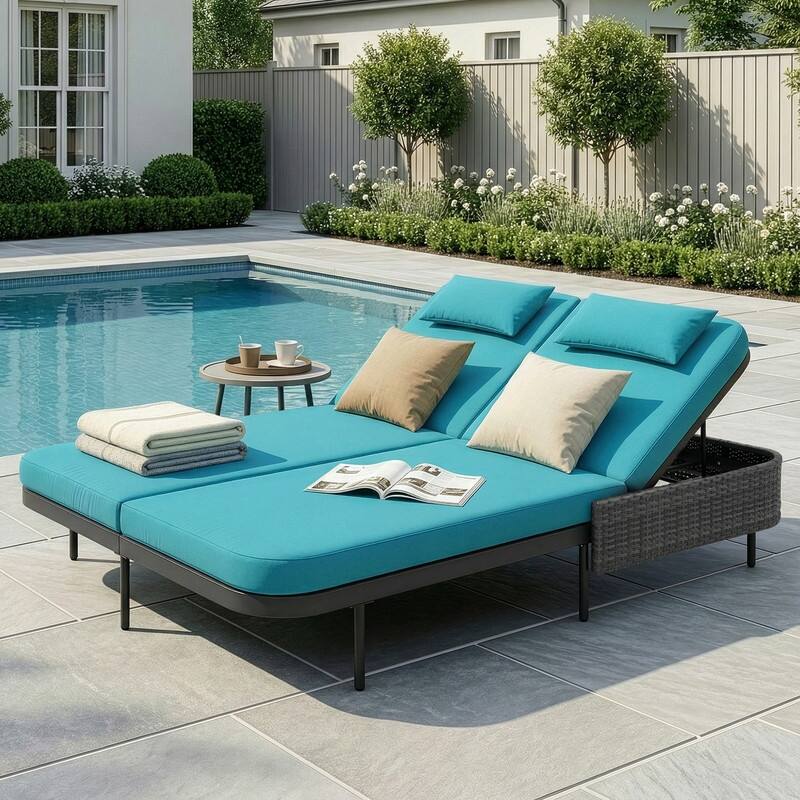 2-Person Outdoor Double Chaise Lounge, Wicker Patio Reclining Daybed with 6-Position Backrests, 4" Cushions, 800 lb Capacity