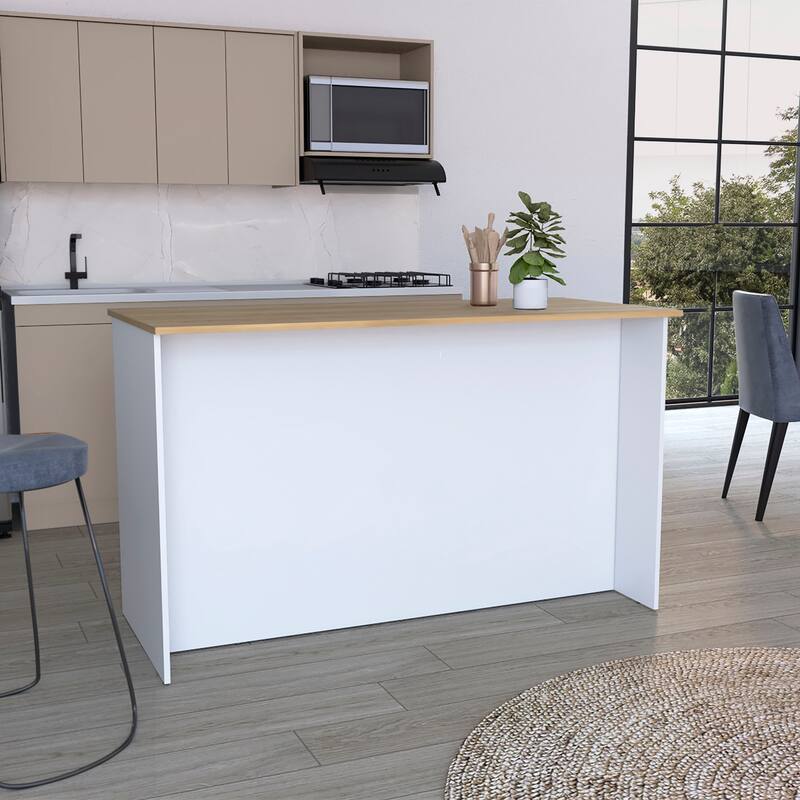 White/Dark Brown Kitchen Island with 3 Open Shelves, 2 Cabinets, Spacious Countertop