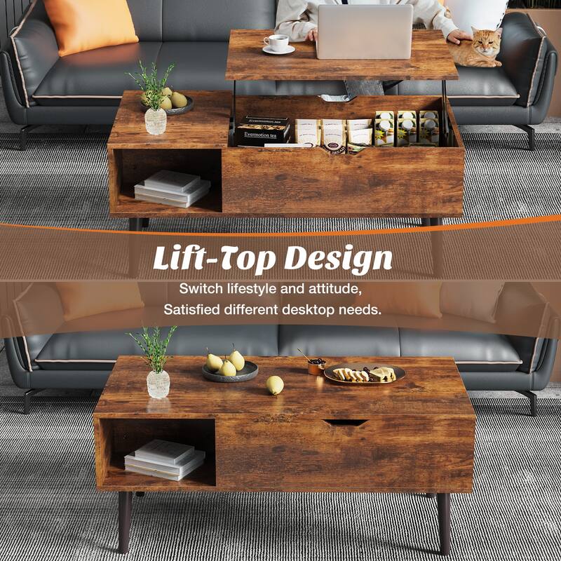 Solid Wood Multi-Functional Table for Living Room, Lift-Top Coffee Table with Hidden Storage