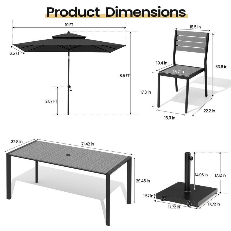 9-Piece Outdoor Patio Dining Set Wood Like Aluminum Umbrella Hole Table with Stackable Chairs, Market Umbrella and Wheel Base