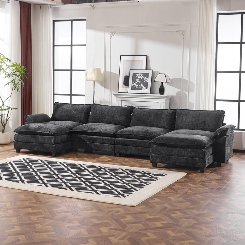 Full KD Double Cushion Chenille Sofa with Ottoman - 4-Seat 2 Ottoman - Black