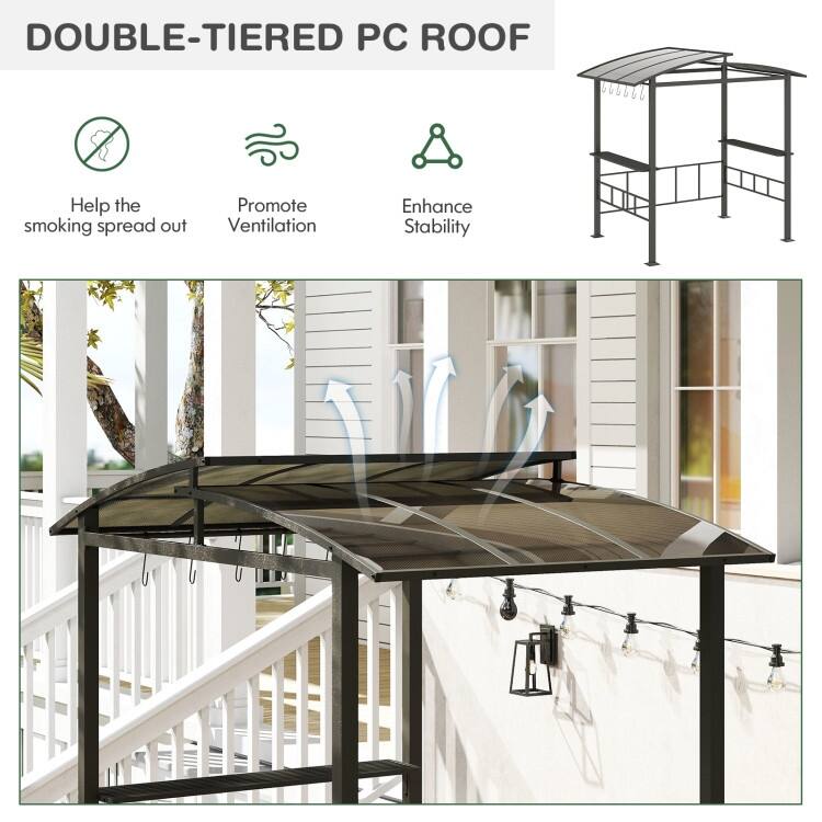 Black Polycarbonate Metal Grill Gazebo with Shelves and Hooks - 96 x 60 x 91.2 in.