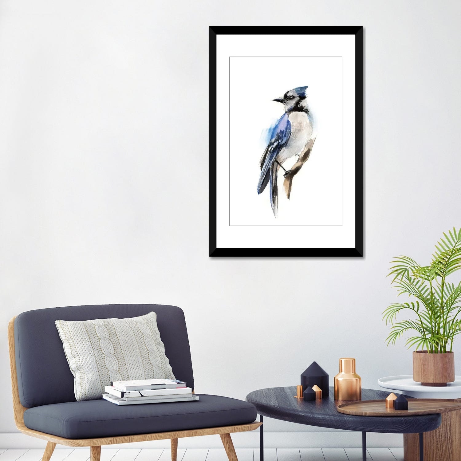 Framed Canvas Art (White Floating Frame) - Blue Jay Bird by Sophie Rodionov ( Animals > Birds > Jays art) - 26x18 in