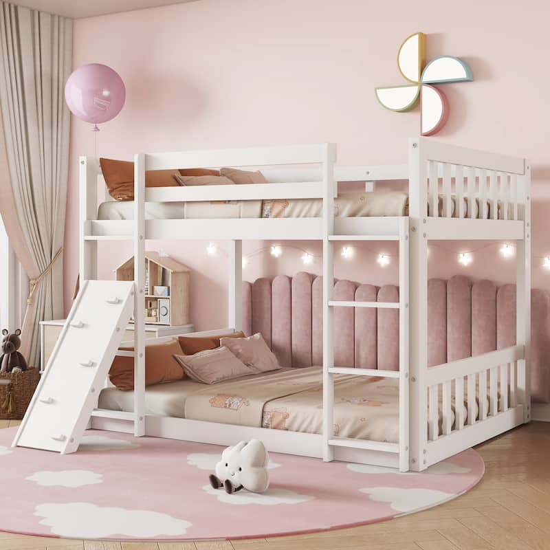 Fun Twin Over Twin Floor Bunk Bed with Climbing Ramp & Ladder, Durable Pine Wood Frame