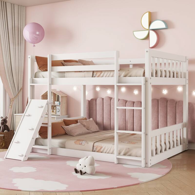 Twin Floor Bunk Bed with Double Ladders & Ramp, Pine Frame with Safety Guardrails