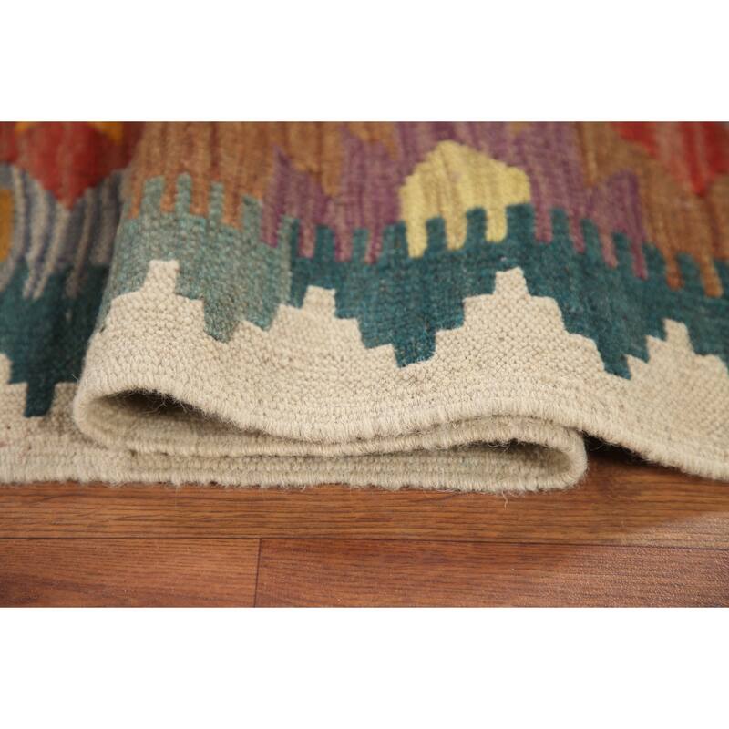 Hand Woven Oriental 100% Wool Carpet Southwestern Geometric Multi-Colored Kilim Runner Rug - 12' 3'' X 2' 9''