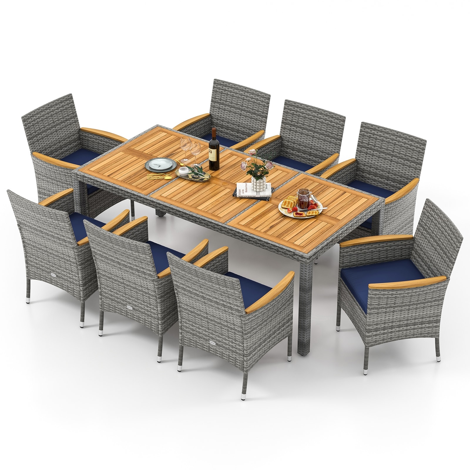 Gymax 9 Pieces Patio PE Wicker Dining Set Outdoor Acacia Wood Table &