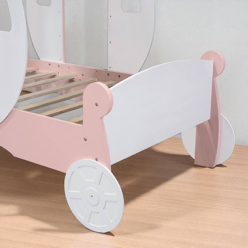 Twin Size Princess Carriage Bed with Crown and Stairs, Kids Wooden Platform Bed Frame with Slats and Fairy Tale Design
