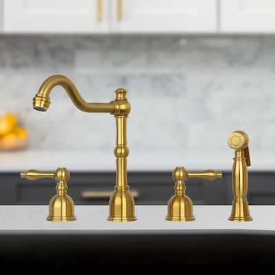 Two-Handles Widespread Kitchen Faucet with Side Sprayer- Brushed Gold