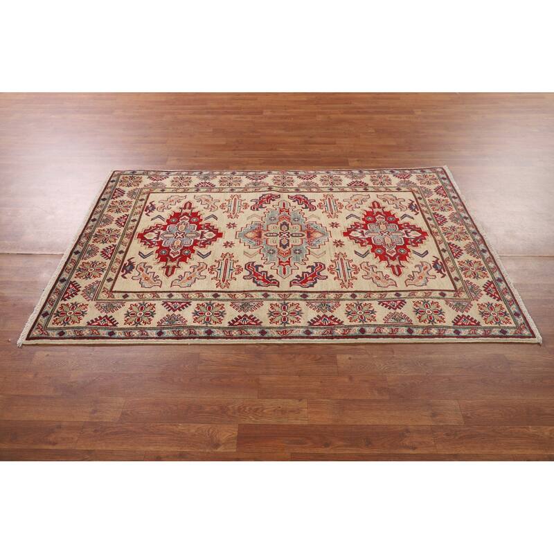 Geometric Beige Kazak Area Rug Handmade Oriental Wool Carpet - 3'11" x 5'10"