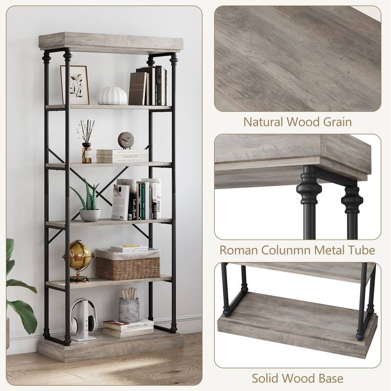 Bookshelf Industrial Bookcase Wooden Storage Open Rack Shelf with Metal Frame