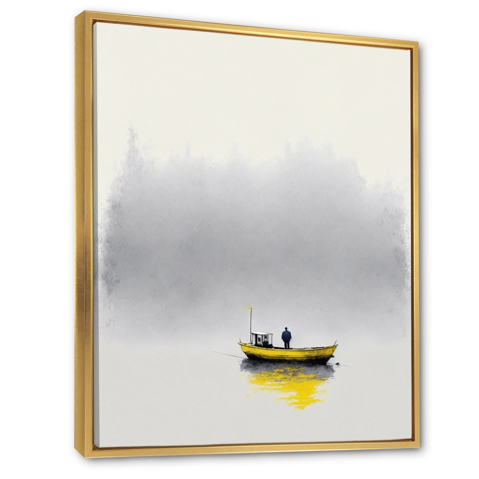 Designart Yellow Fog Boat On Lake I Coastal Boat Framed Wall Decor