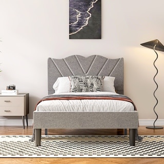 Twin Size Platform Bed Frame with Upholstered Headboard, Durable Metal and Wood Construction