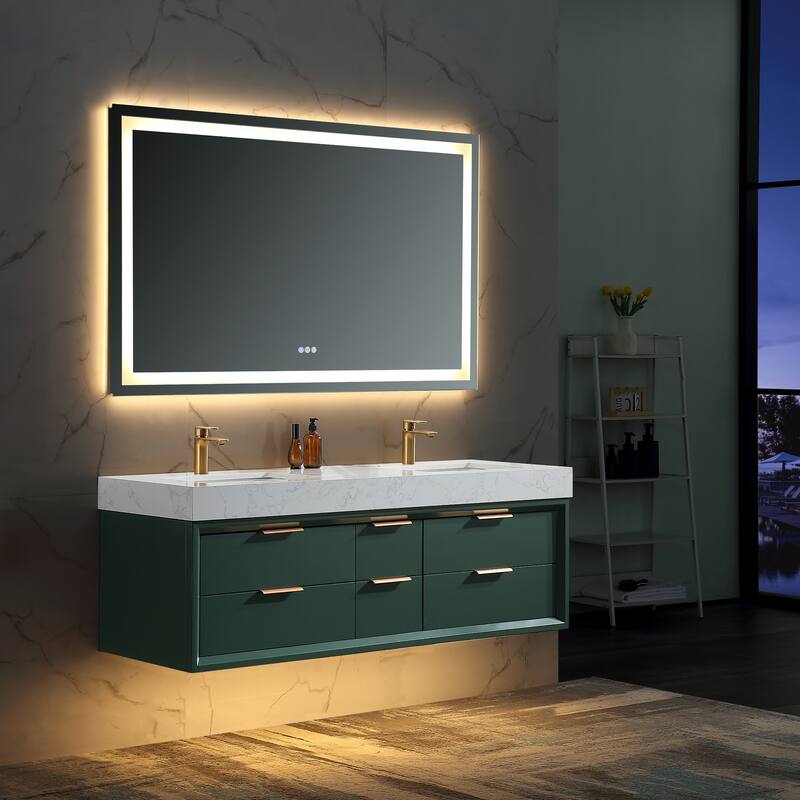 36/48/60 Modern LED Floating Bathroom Vanity with Single/Double Sink & Soft-Close Drawers & Waterproof, Green