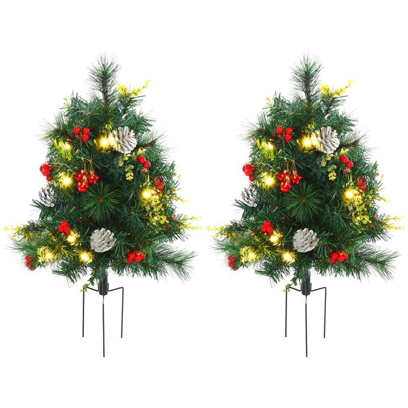 Set of 2 Green 22.5 Inch Artificial Christmas Trees with Warm White LED Lights Pre-Decorated with Berries Pinecones - Green