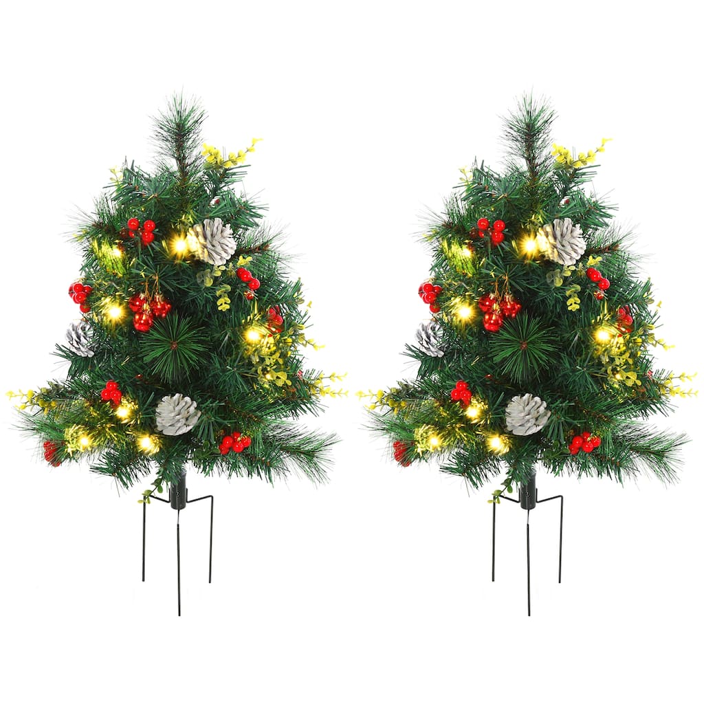 Set of 2 Green 22.5 Inch Artificial Christmas Trees with Warm White LED Lights Pre-Decorated with Berries Pinecones