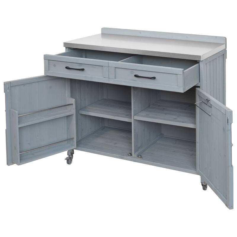 39 Inch Outdoor Kitchen Island Fir Wood Cabinet Stainless Steel Top Drawer
