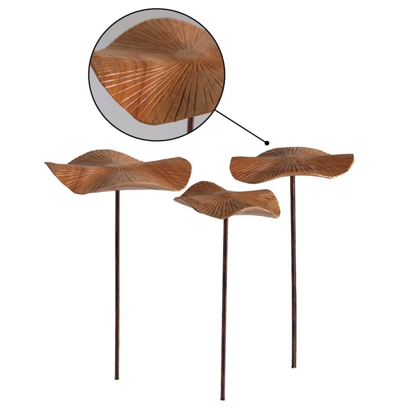 16 in. Hand-Carved Wood Mushroom Metal Stakes (Set of 3)