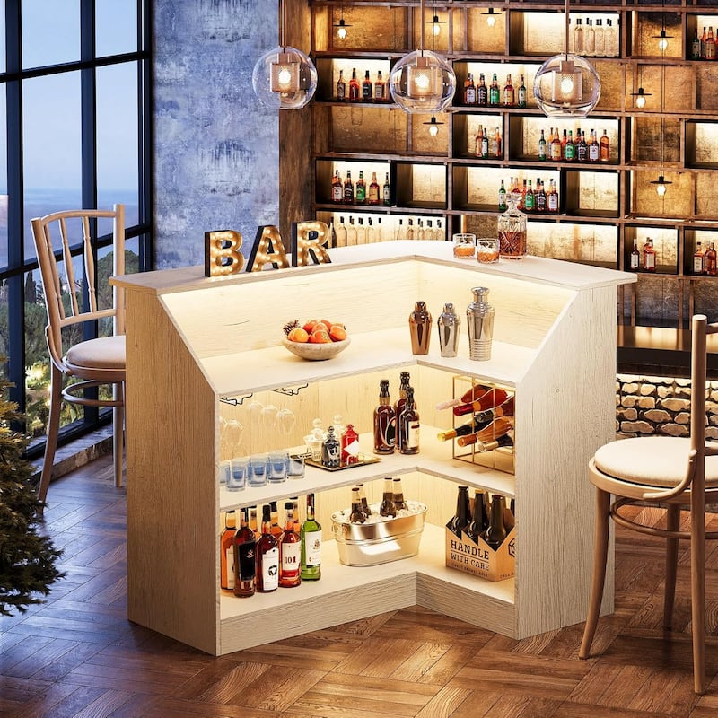 4-Tier Bar Cabinet, L-Shaped Home Bar Table with Stemware Racks