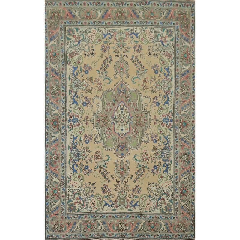 Hand Knotted Oriental 100% Wool Carpet Traditional Floral Beige & Ivories Tabriz Area Rug - 9' 5'' X 6' 5''