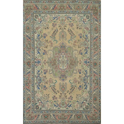 Hand Knotted Oriental 100% Wool Carpet Traditional Floral Beige & Ivories Tabriz Area Rug - 9' 5'' X 6' 5''