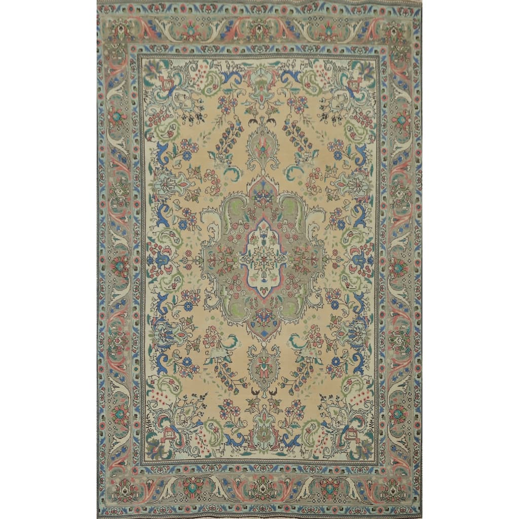 Hand Knotted Oriental 100% Wool Carpet Traditional Floral Beige & Ivories Tabriz Area Rug - 9' 5'' X 6' 5''