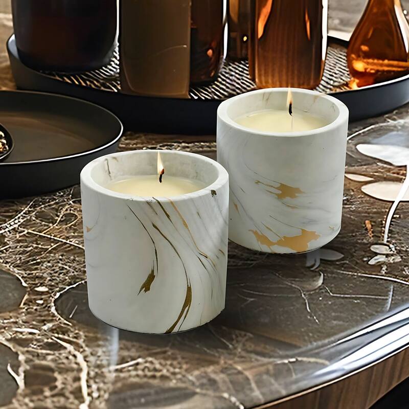 White and Gold Set of Two Marbled Candle Jars 7 Oz Elegant Home Decor