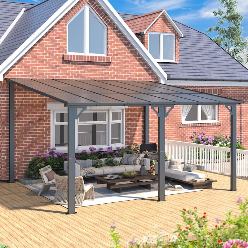 12x14ft Lean to Gazebo Hardtop Wall Mounted Gazebo - Black