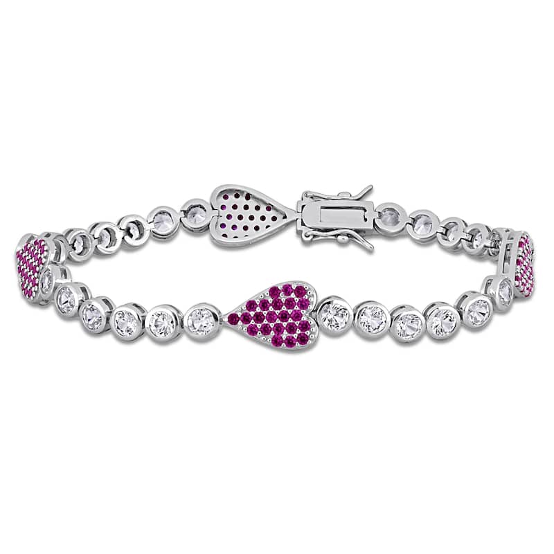 Miadora 9 1/2ct TGW Created Ruby Created White Sapphire Heart Bracelet Sterling Silver