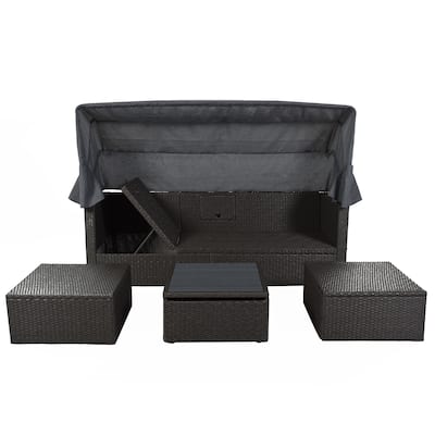 Outdoor Rectangle Patio Sunbed with Retractable Canopy and Reclining Seat, Rattan Sectional Daybed with Liftable Coffee Table