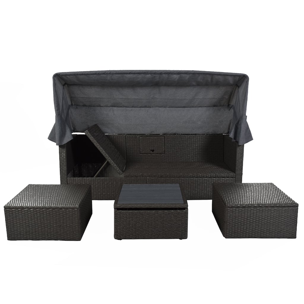 Outdoor Rectangle Patio Sunbed with Retractable Canopy and Reclining Seat, Rattan Sectional Daybed with Liftable Coffee Table