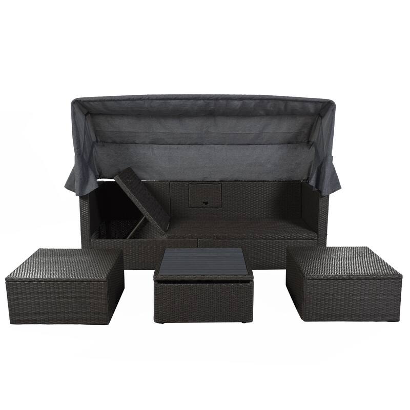 U-Style Outdoor Patio Rectangle Daybed with Retractable Canopy, Wicker Furniture Sectional Seating for Backyard, Porch