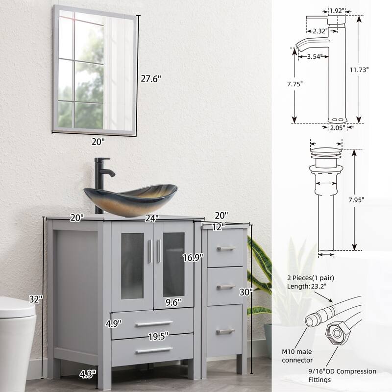 36" Bathroom Vanity Sink Gray Set with Side Cabinet Vessel Sink Faucet Combo
